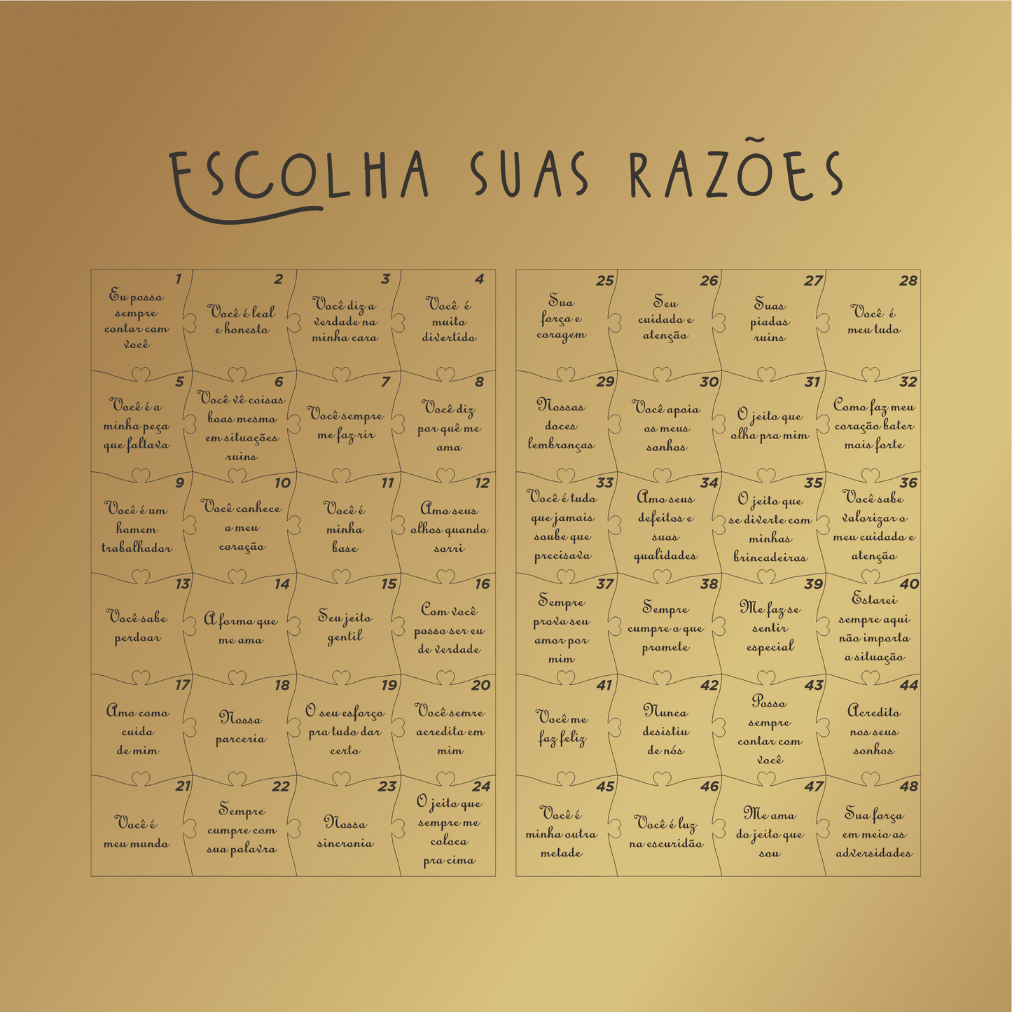 Quadro com 12 Mensagens em forma de Puzzle Preto