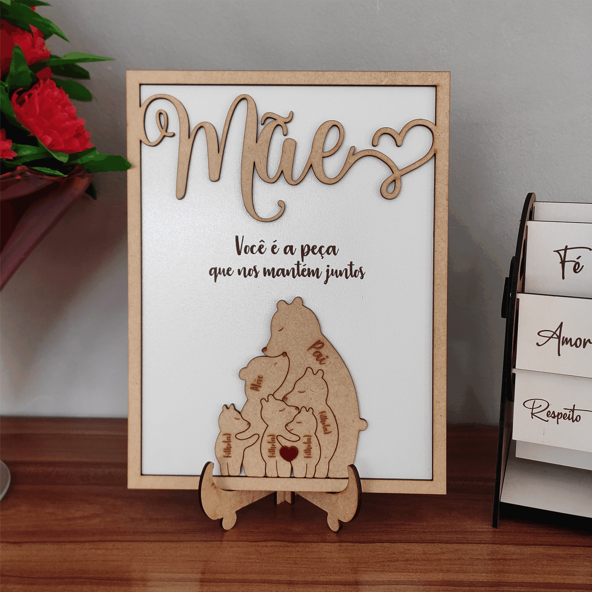 Quadro com Família Urso e Mensagem, para as Mães
