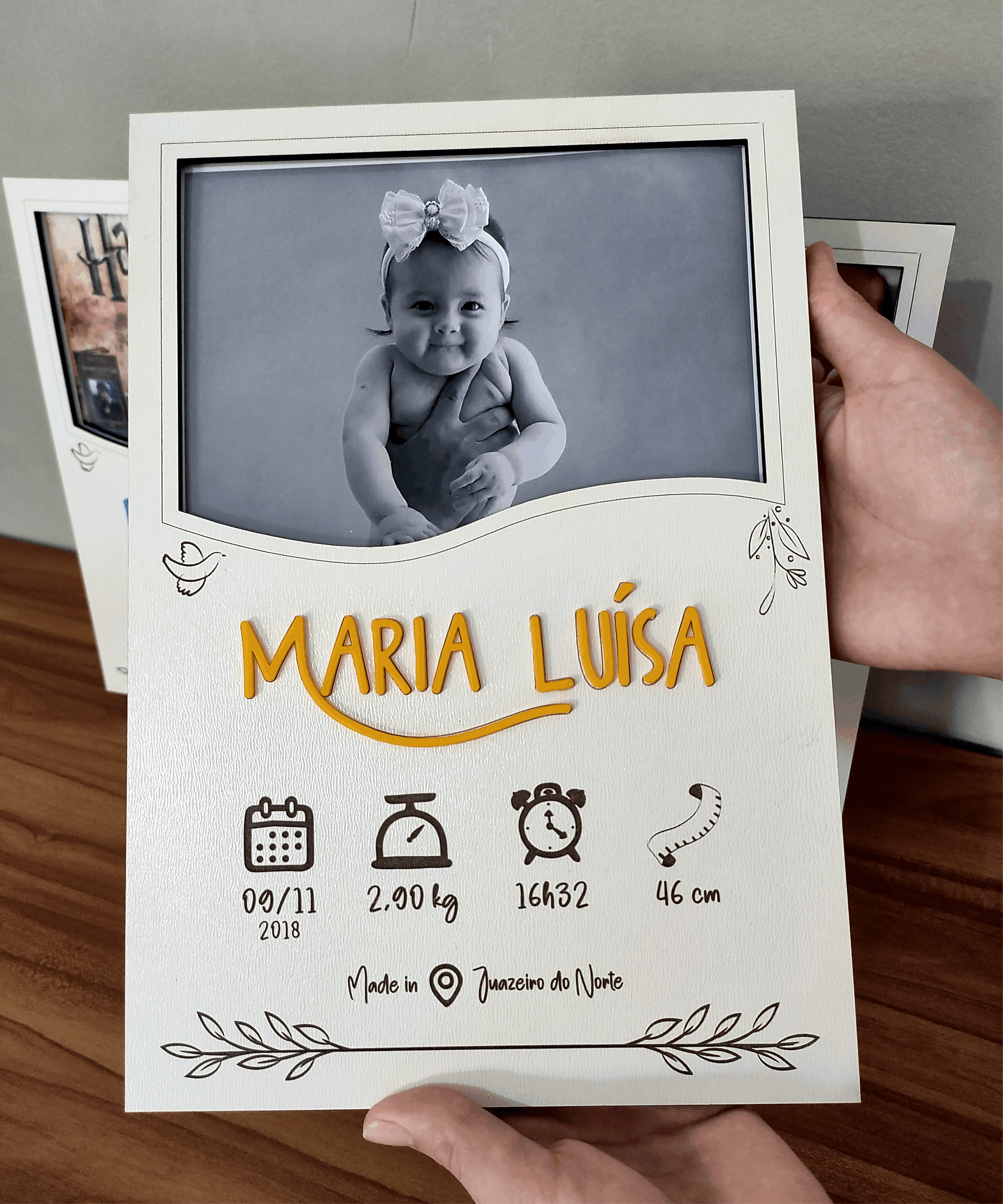 Quadro com foto, nome e informações do Bebê