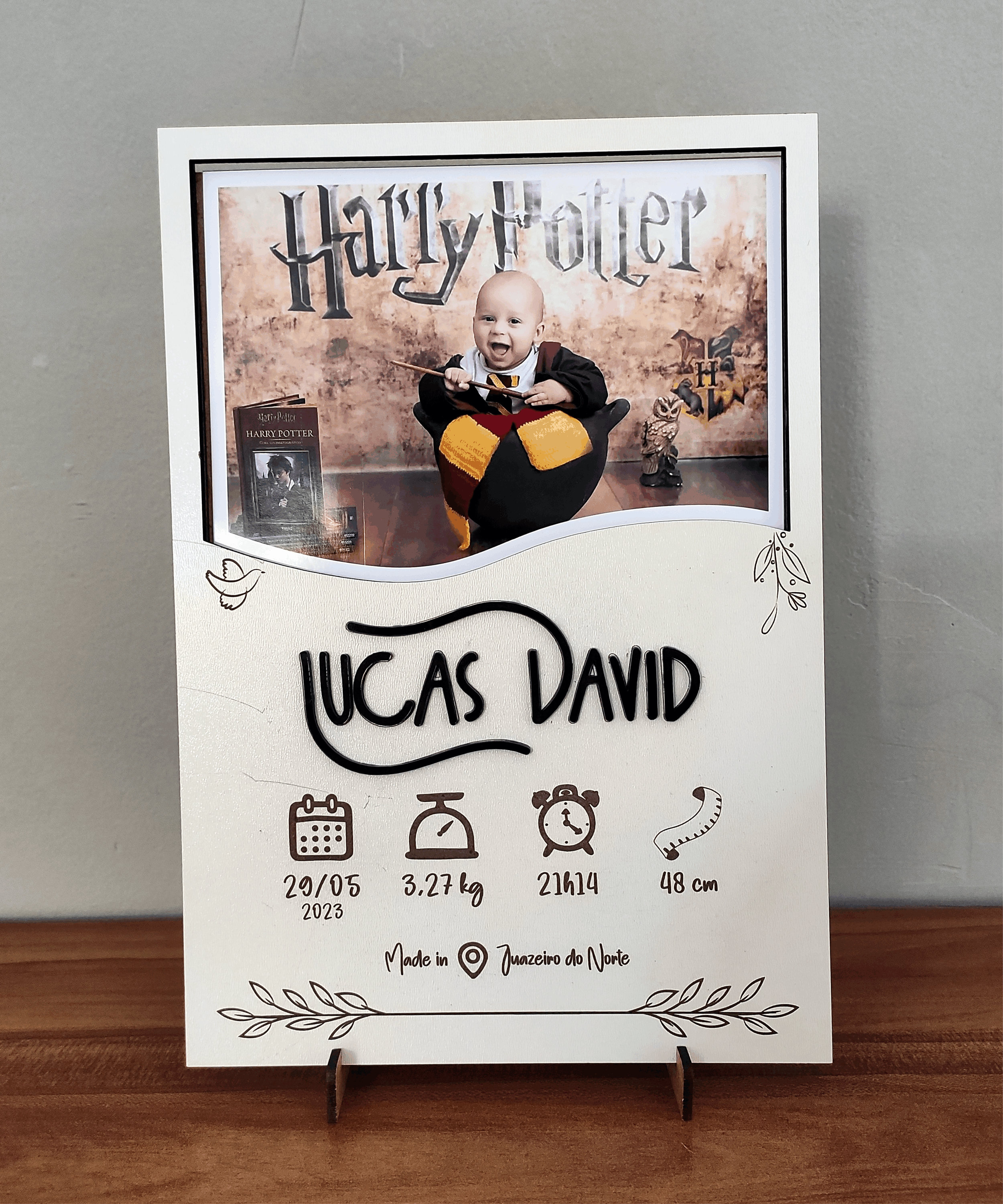 Quadro com foto, nome e informações do Bebê