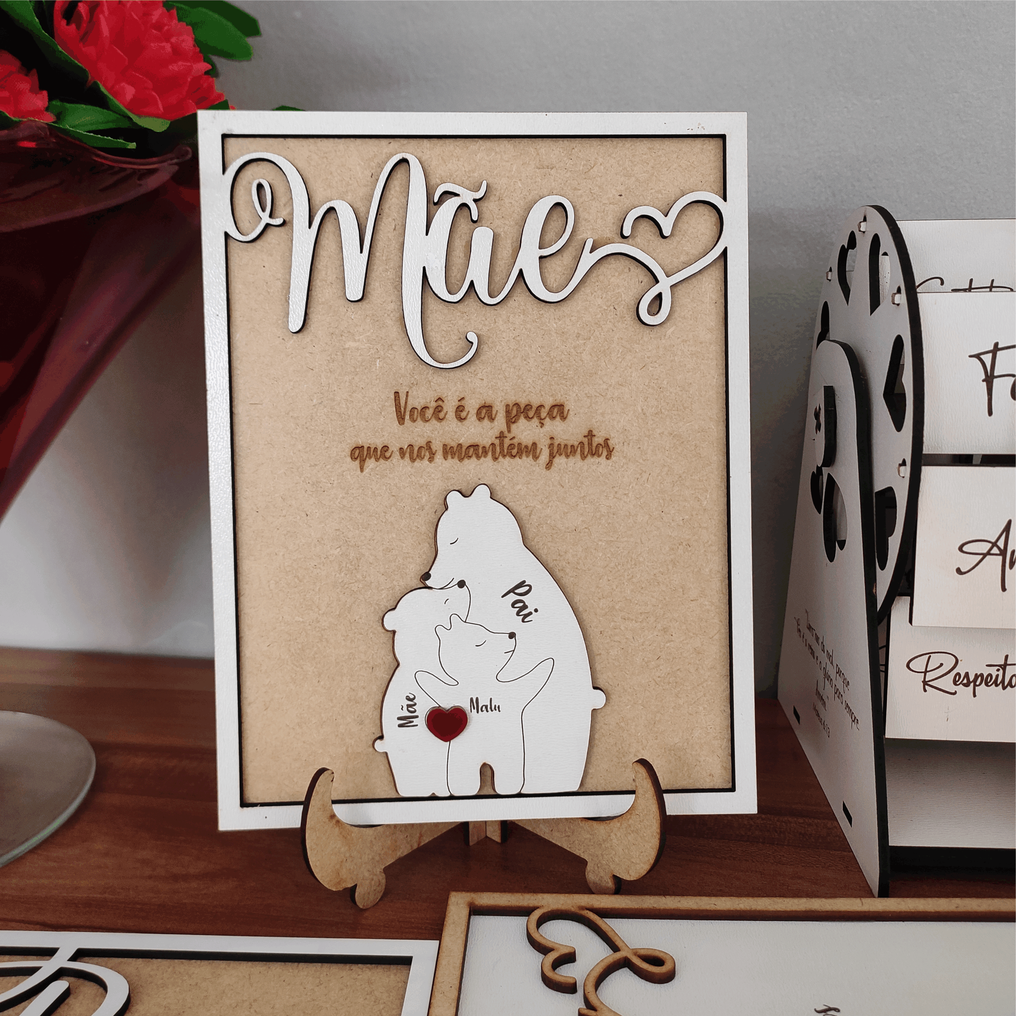 Quadro com Família Urso e Mensagem, para as Mães